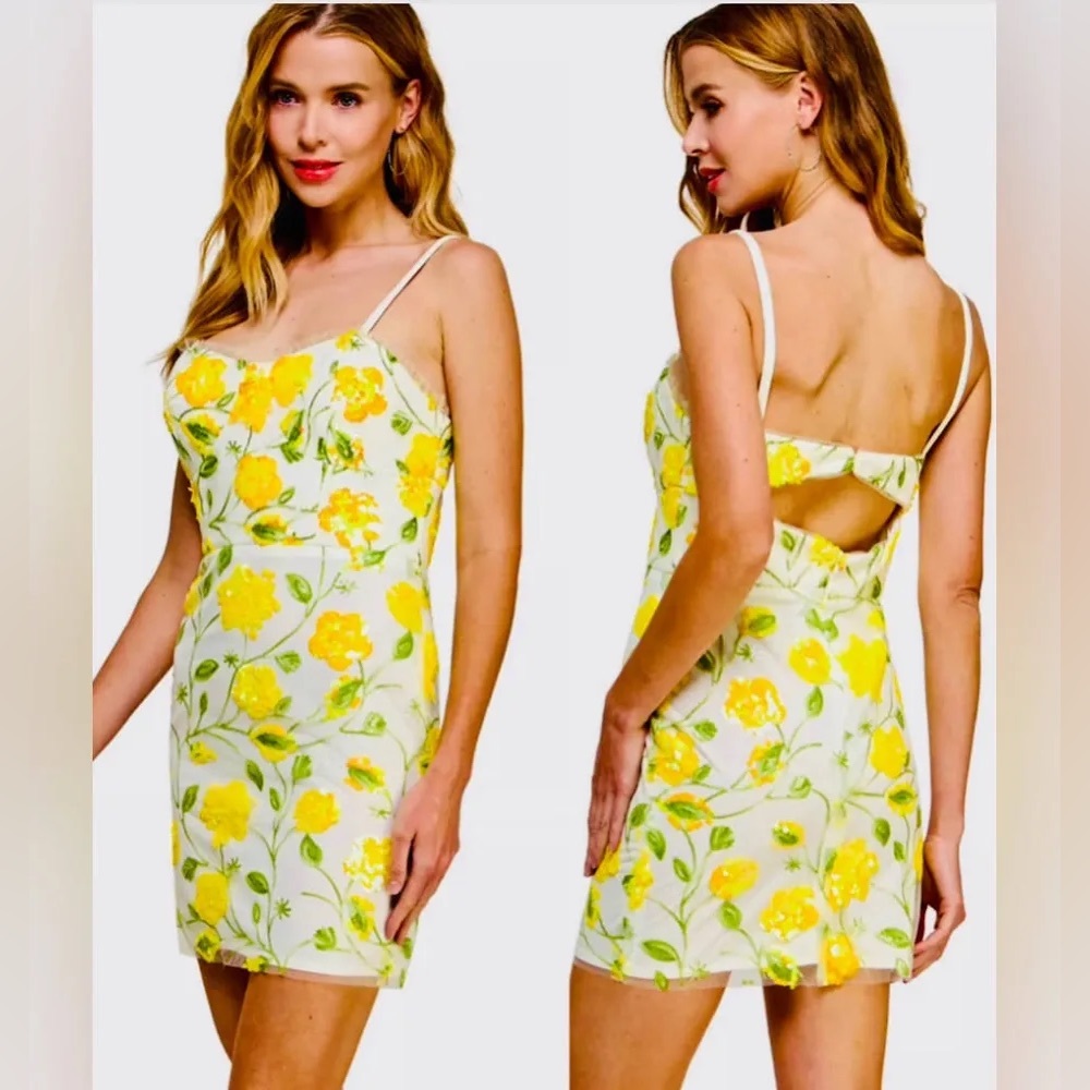 NWT Morgan & Co Short Sequin Floral Print Mini Cocktail Summer Dress